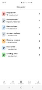 Oversikt over flere kategorier du kan få tilbud om i appen