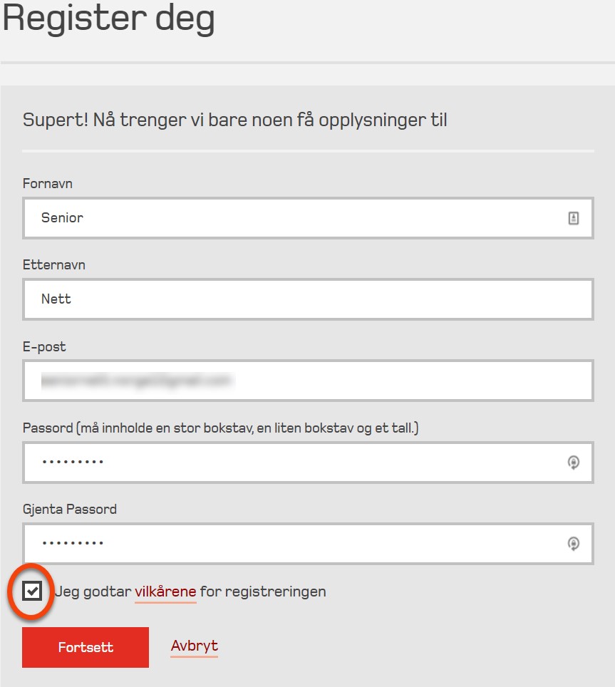 Fyll ut opplysninger registrering