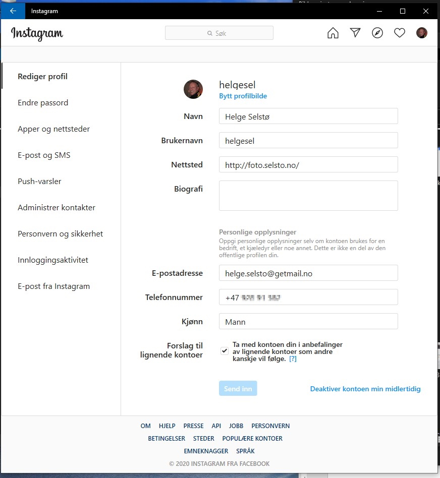 Instagram profil i Windows appen