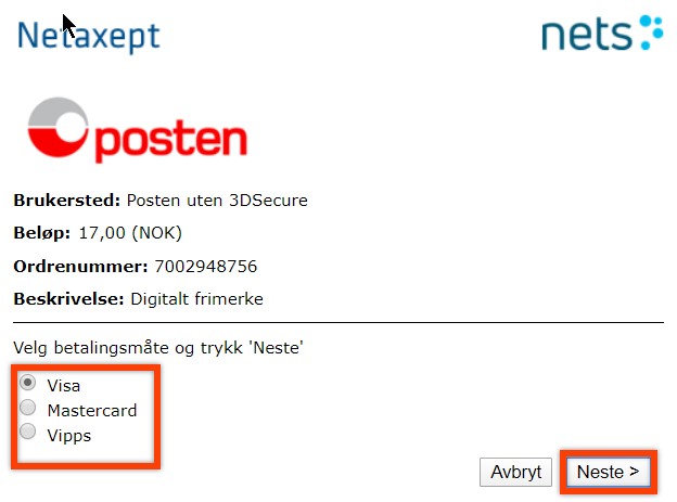 Ønsket betalingsmåte Digitalt frimerke
