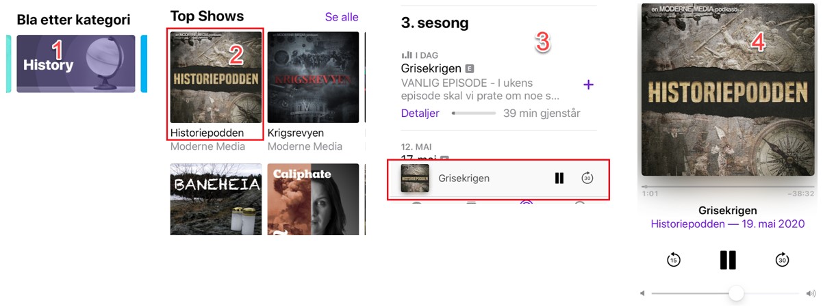 Søke og spille av en podcast iPad og iPhone