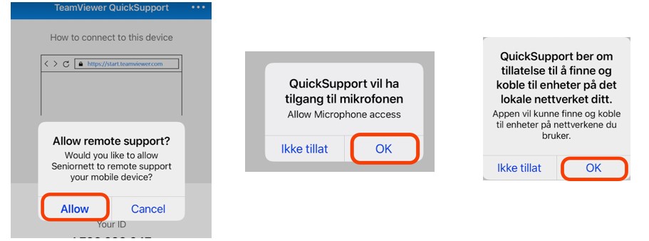 QuickSupport iOS førstegangs oppsett med tillatelser