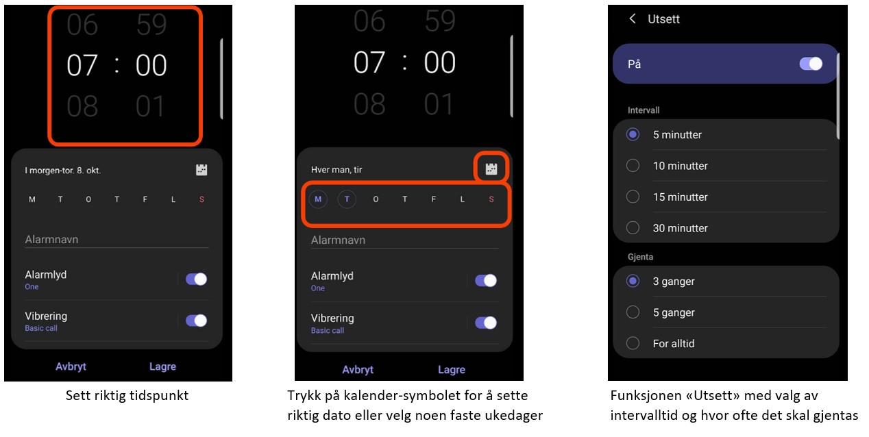 Sett riktig alarmtid og dag Android