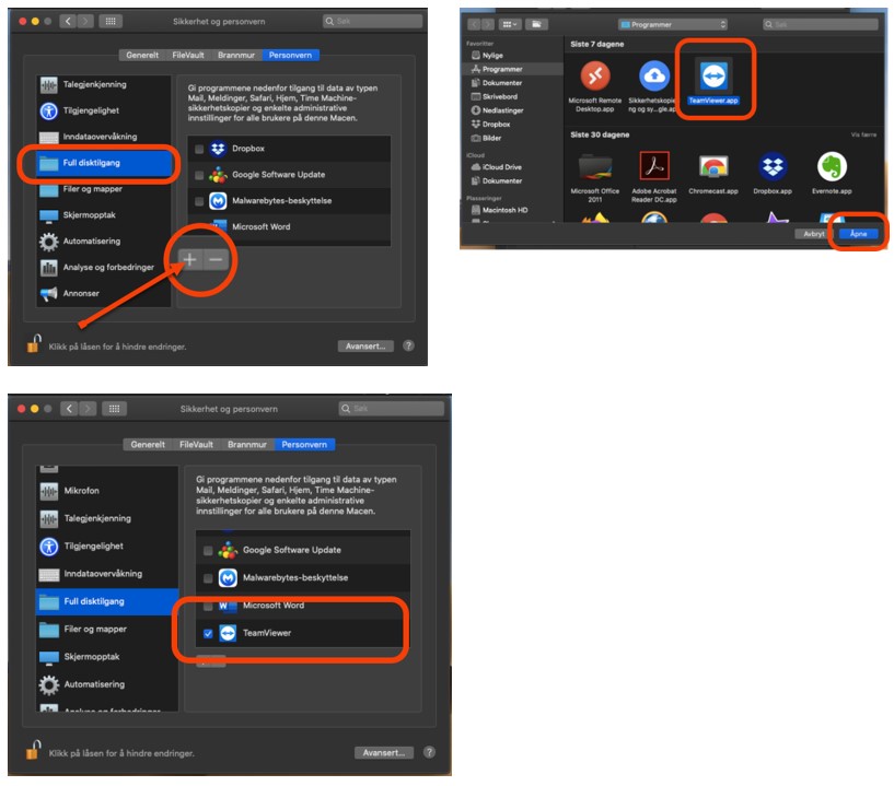 TeamViewer Mac Gi tillatelser i Systemvalg - Full disktilgang