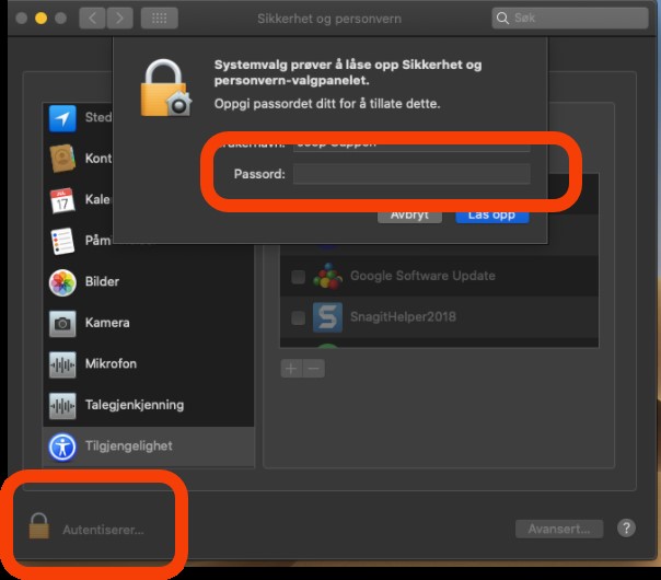 TeamViewer Mac Gi tillatelser i Systemvalg - Lås opp for endringer