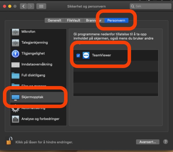 TeamViewer Mac Gi tillatelser i Systemvalg - Skjermopptak
