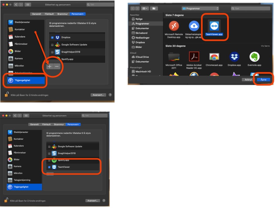 TeamViewer Mac Gi tillatelser i Systemvalg - Tilgjengelighet