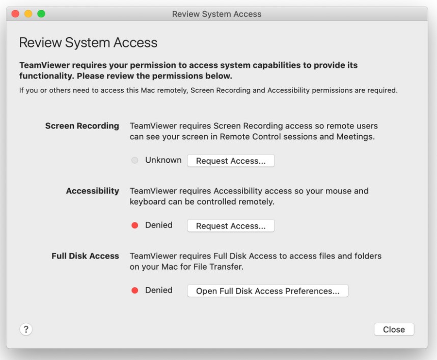 TeamViewer Mac gi tillatelser ved første gangs bruk