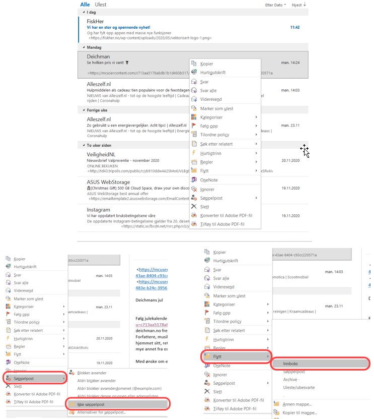 Flytte søppelpost til innboks - Office Outlook