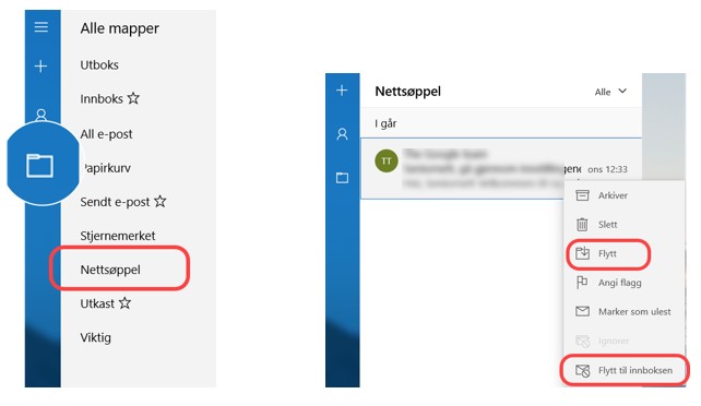 Flytte søppelpost til innboks - Windows 10 e-post