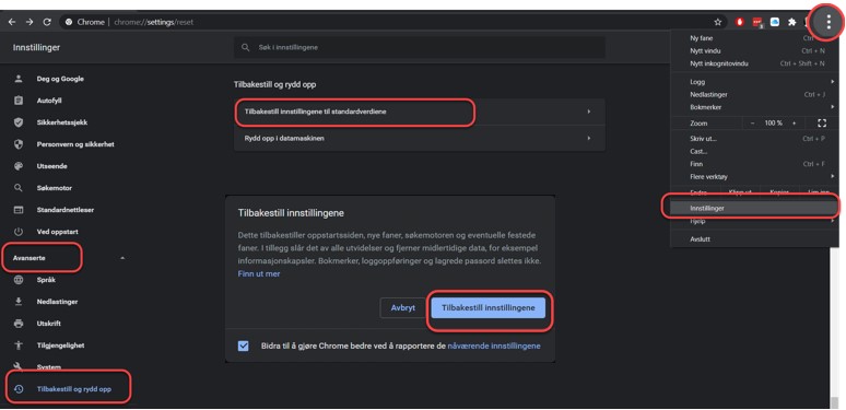 Gjenopprette standardinnstillinger i Chrome i Windows 10