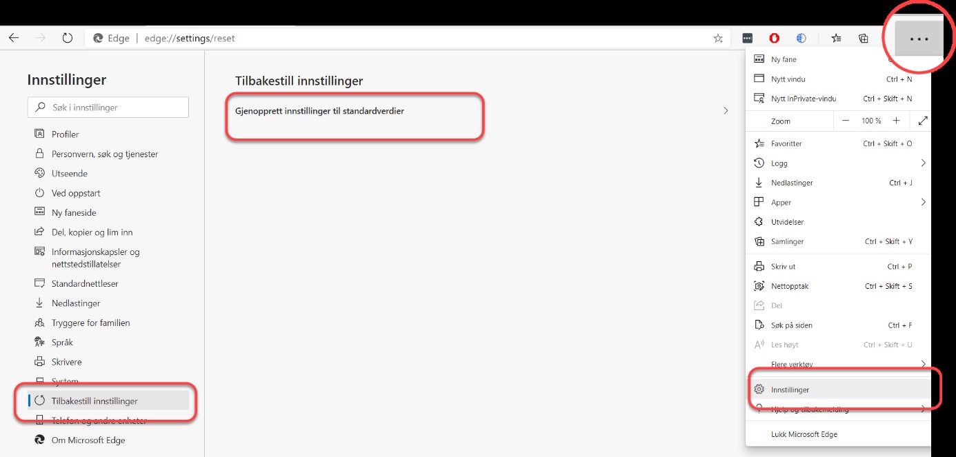 Gjenopprette standardinnstillinger i Edge