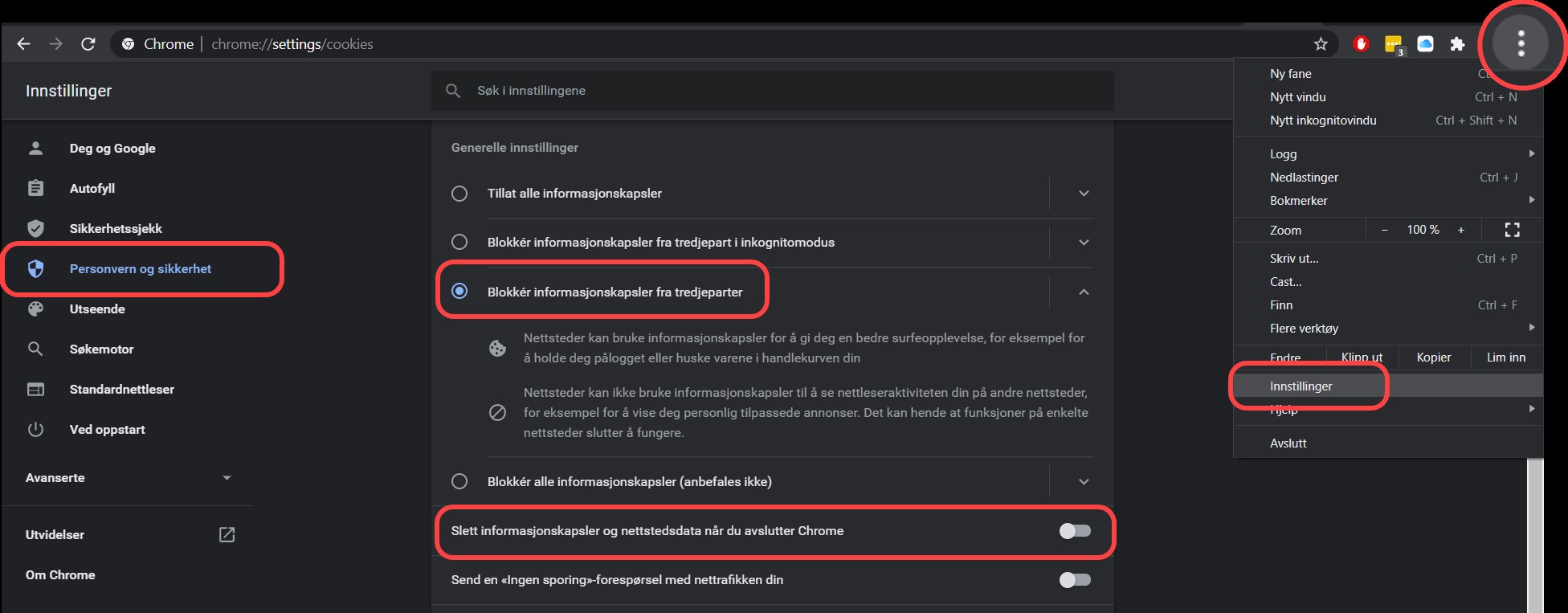 Informasjonskapsler innstillinger Chrome i Windows10