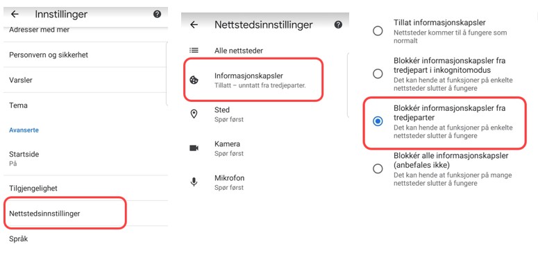 Informasjonskapsler innstillinger Chrome på nettbrett og mobil