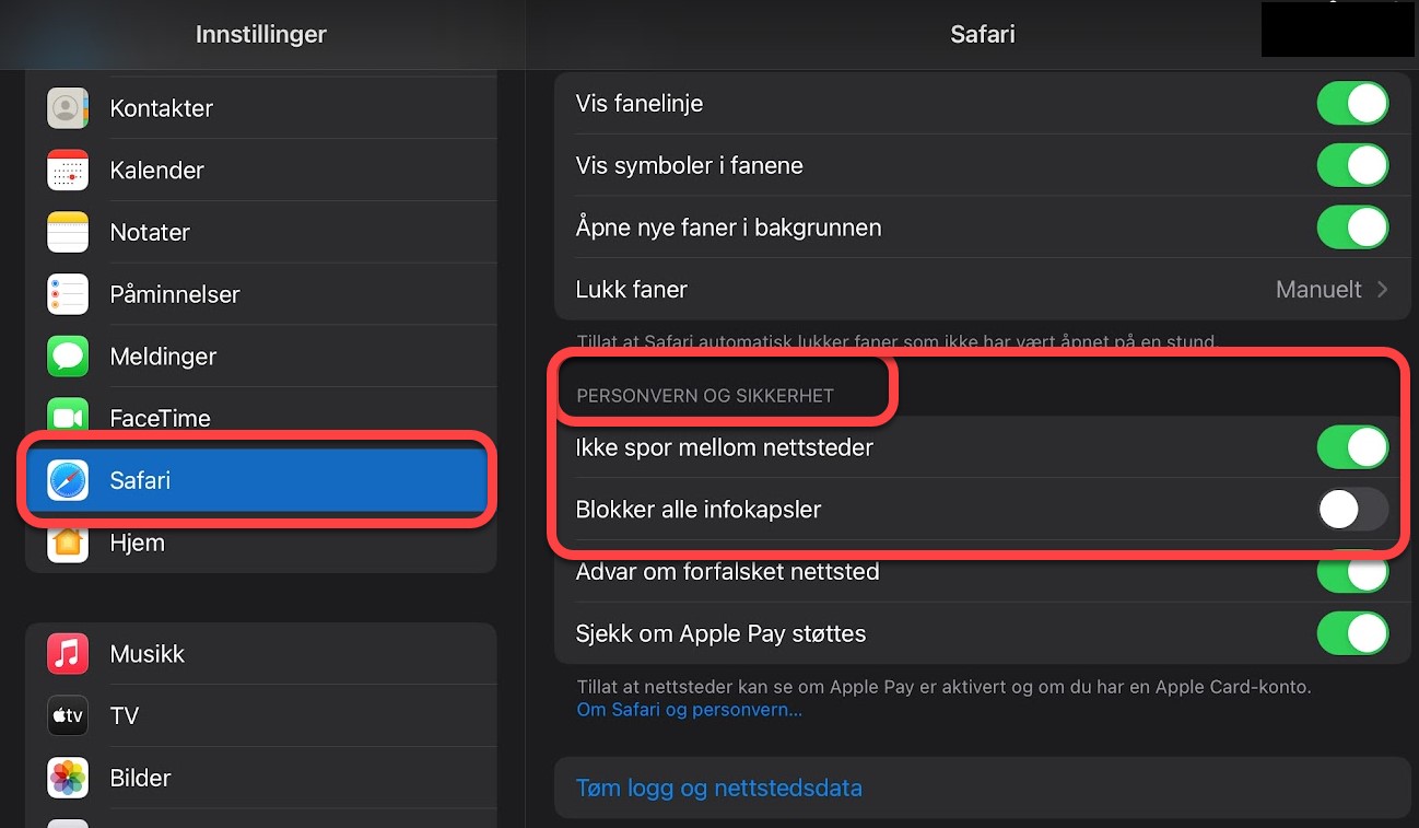 Informasjonskapsler innstillinger Safari iPad og iPhone