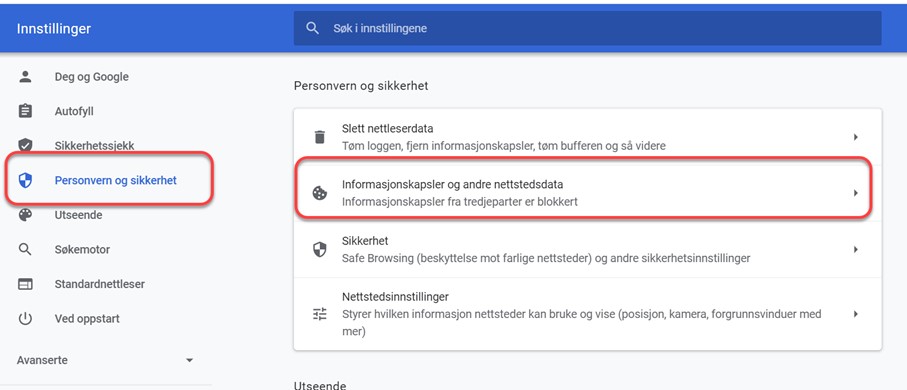 Innstillinger og personvern Chrome