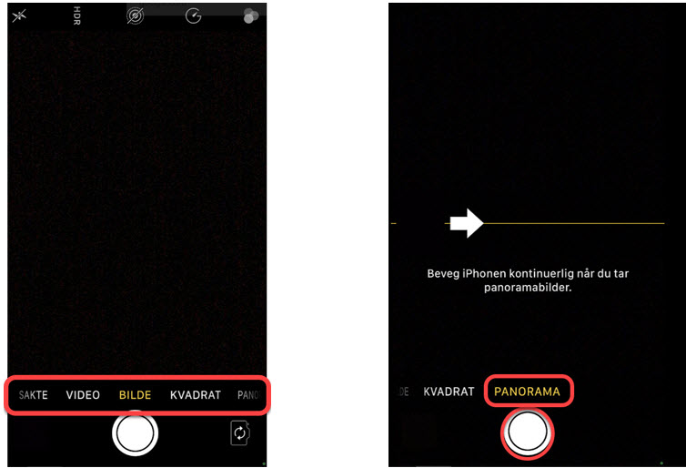 Kameravalgene og Panoramafunksjon iPhone