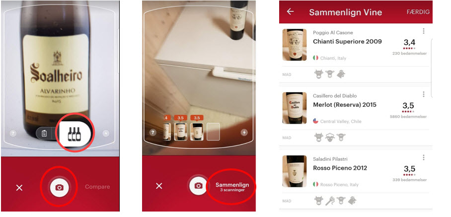 Skanne inn etikett av flere vinflasker for å sammenligne
