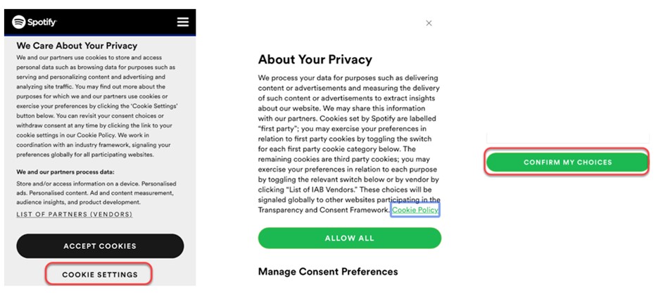 Spotify cookie settings og confirm choices