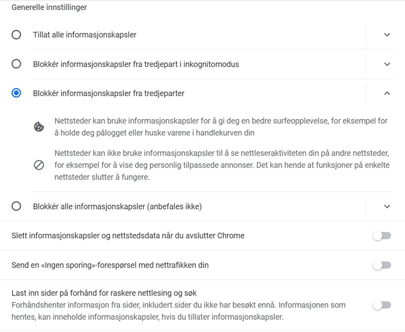 Velg tillatelser til informasjonskapsler Chrome