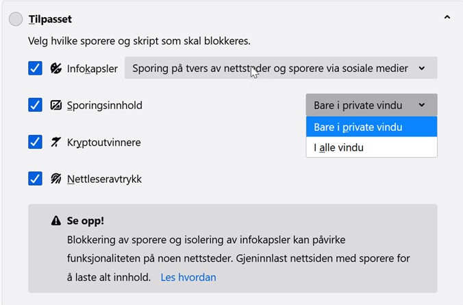 Velg tillatelser til informasjonskapsler Firefox