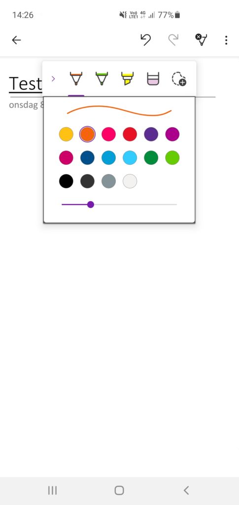 OneNote -Android, velg penn, farge og tykkelse på strek