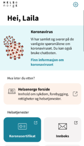 Korona-sertifikat-åpningside i app