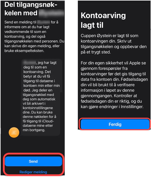 Del tilgangsnøkkel med og Kontoarving er lagt til