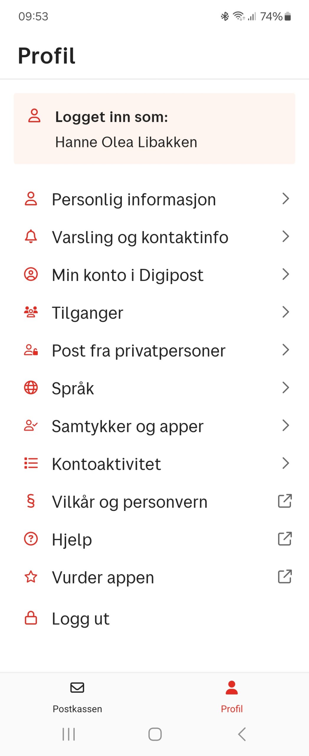 Skjermdump av profilsiden i digipost