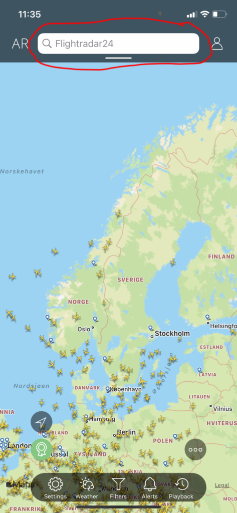 Skjermdump fra Flightradar24