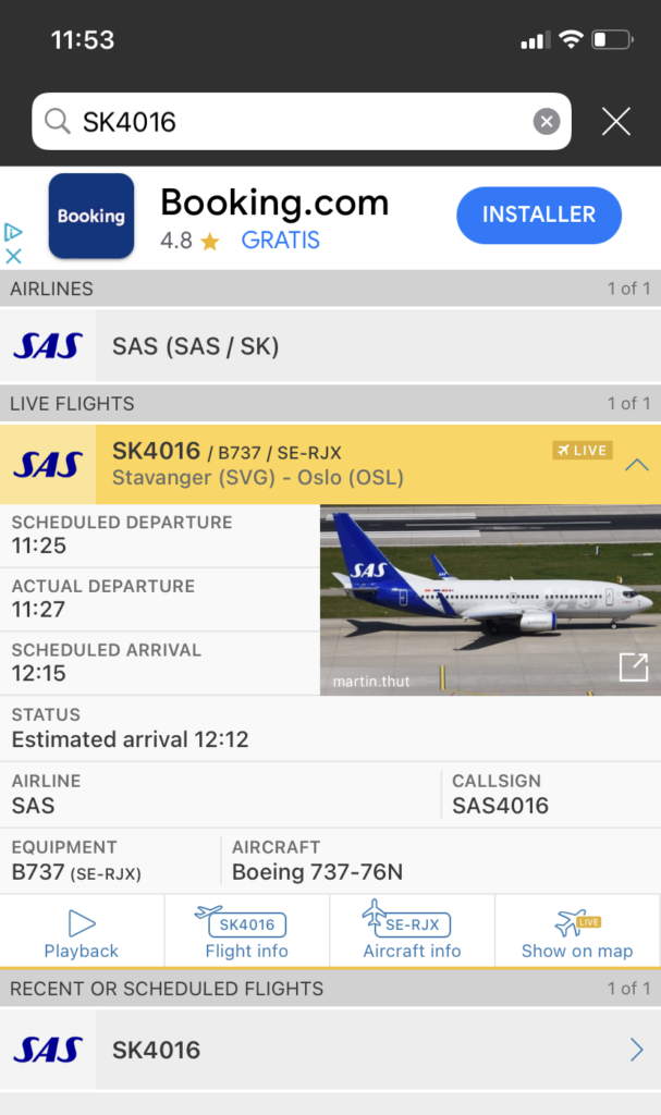 Skjermdump fra Flightradar24