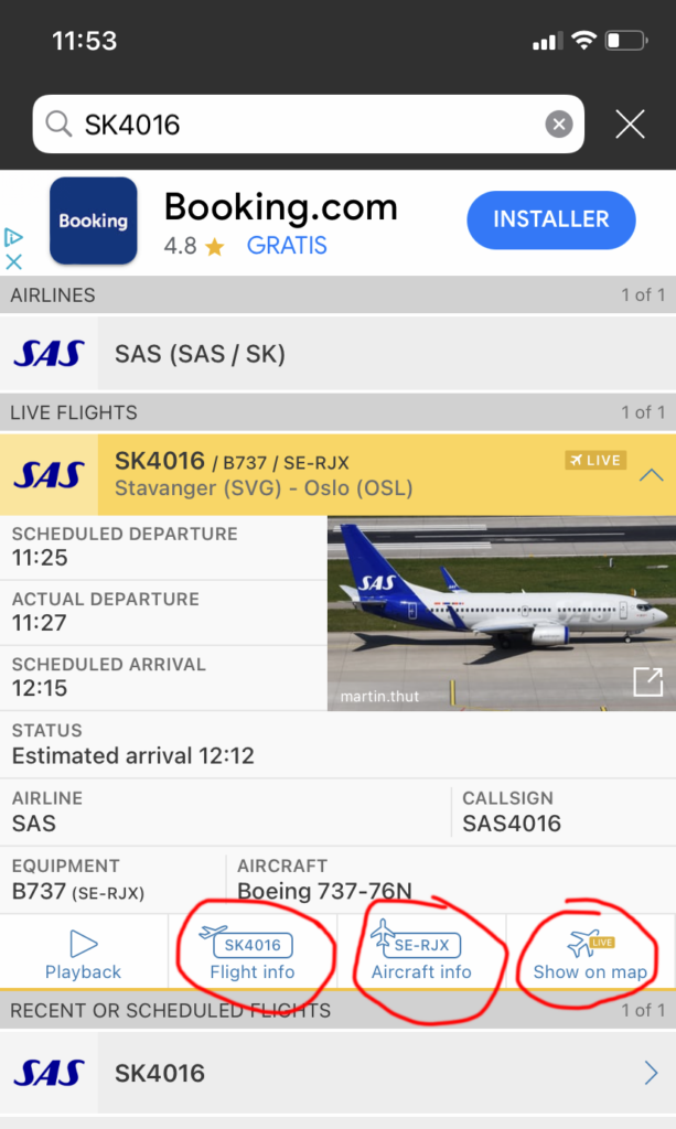 Skjermdump fra Flightradar24