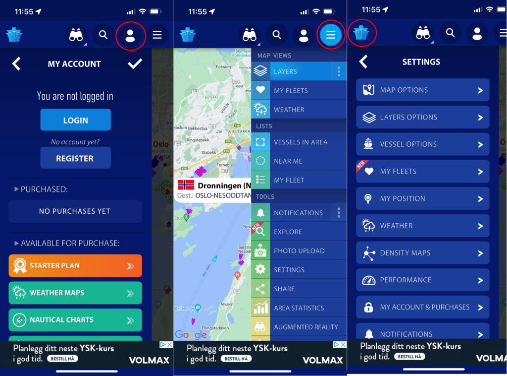 Skjermdump av innstillinger i Marine Traffic appen