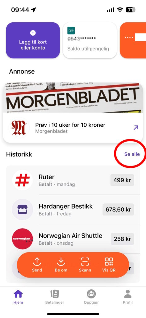 Skjermdump av Vipps hjemskjerm