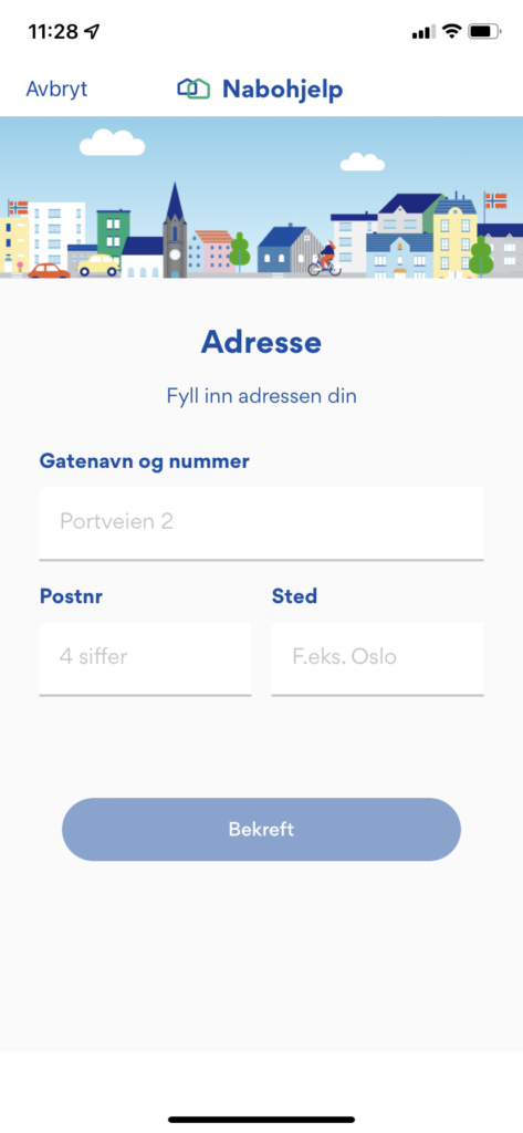 Skjermbilde av registreringssiden i Nabohjelp-appen.