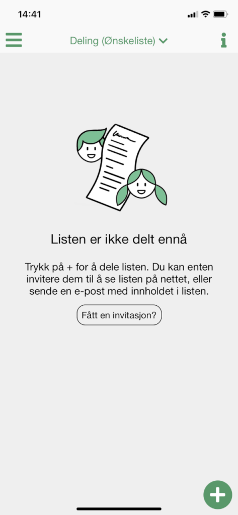 Skjermbilde fra appen hvor du deler ønskelisten