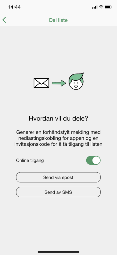 Skjermbilde av valg av delingsmåte i appen.