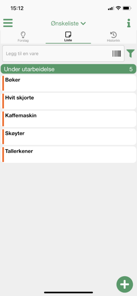 Skjermbilde fra appen med ferdig utfylt ønskeliste