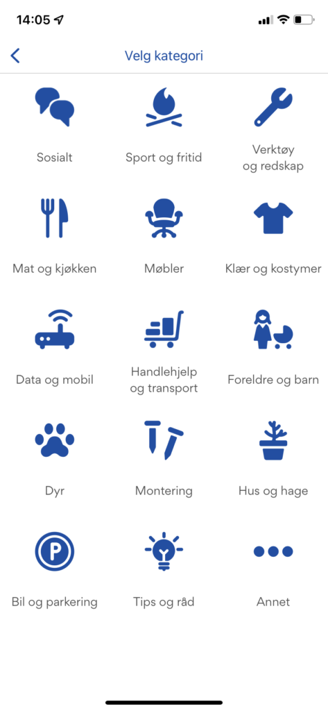 Skjermbilde av ulike kategorier i appen.