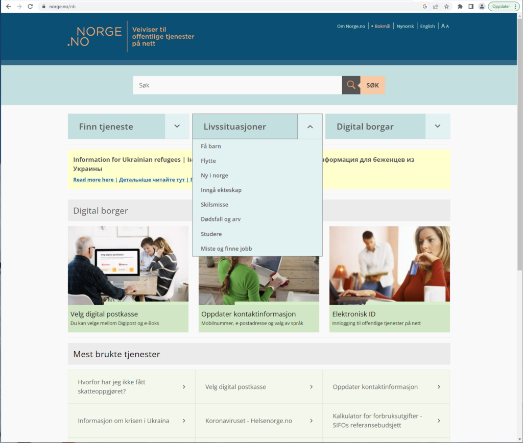 Skjermdump av førstesiden på Norge.no med valgene under "Livssituasjoner".