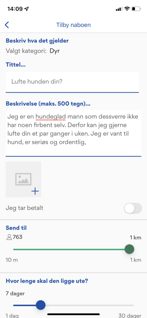 Skjermbilde fra appen der vi tilbyr å lufte hund.