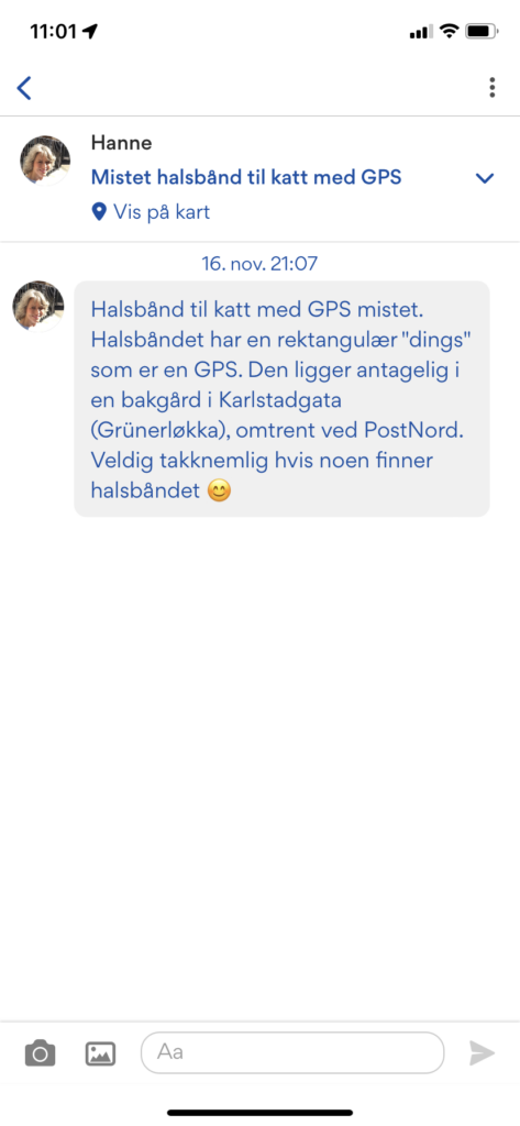 Skjermbilde av appen med en mistet-post.