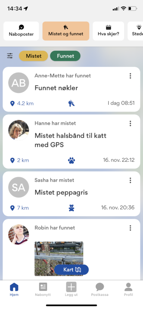 Skjermdump av siden med mistet og funnet i appen.