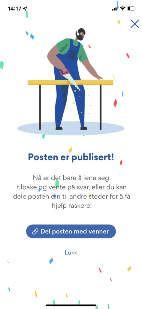 Skjermbilde i appen av publisert post.