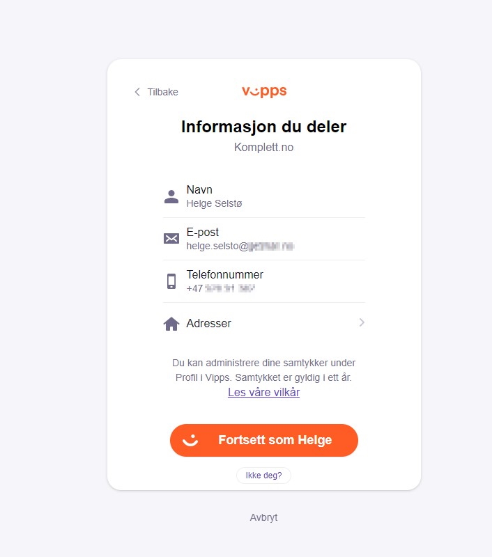 Skjermbilde av hvilken informasjon Vipps deler med nettstedet du vil logge deg på