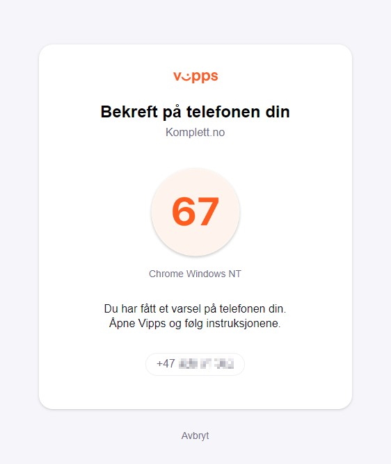 Skjermebilde med nummer du skal trykke på din mobil