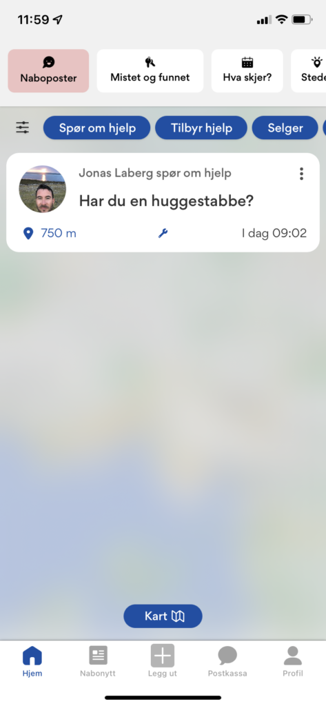 Skjermbilde av startsiden i Nabohjelp-appen.