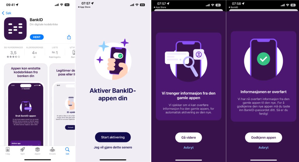 Fire bilder, aktivering av BankID app