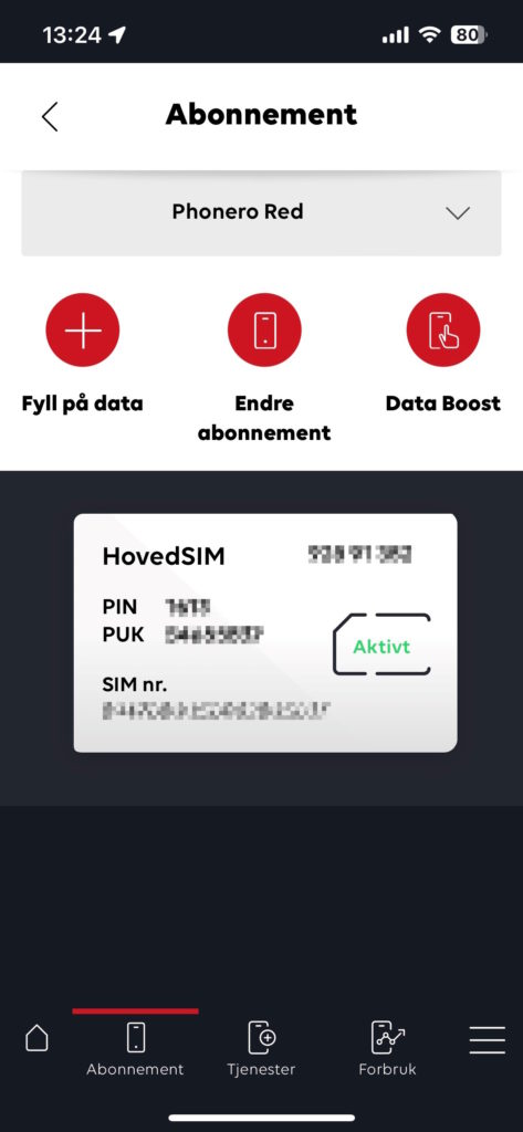 Skjermbilde av PIN og PUK kode i app