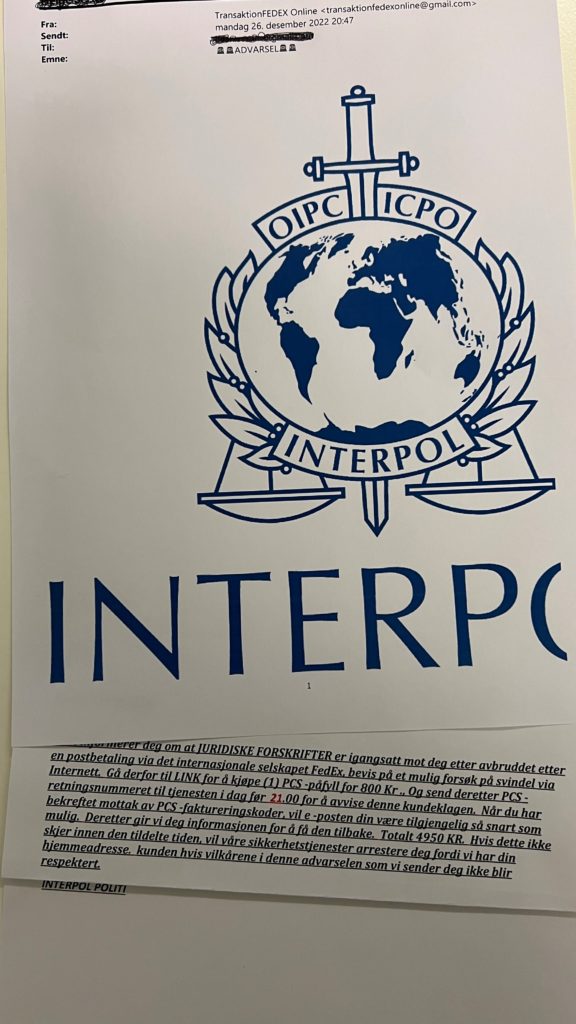 Bilde av e-post med "interpol" trussel